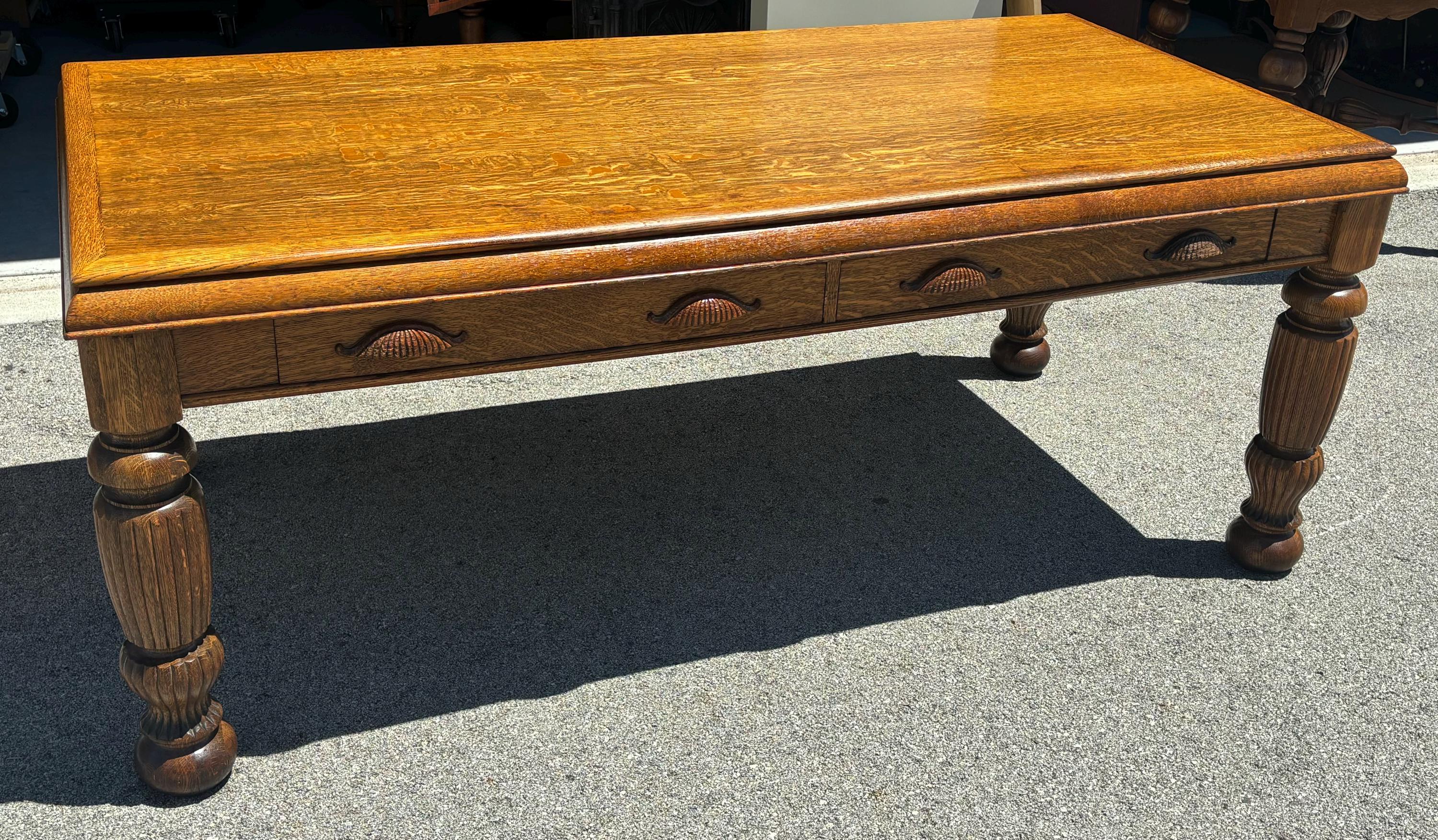 Antique New York quater sawn tiger oak library table or desk two drawers removable fluted legs 29h36d72w shipping is not free