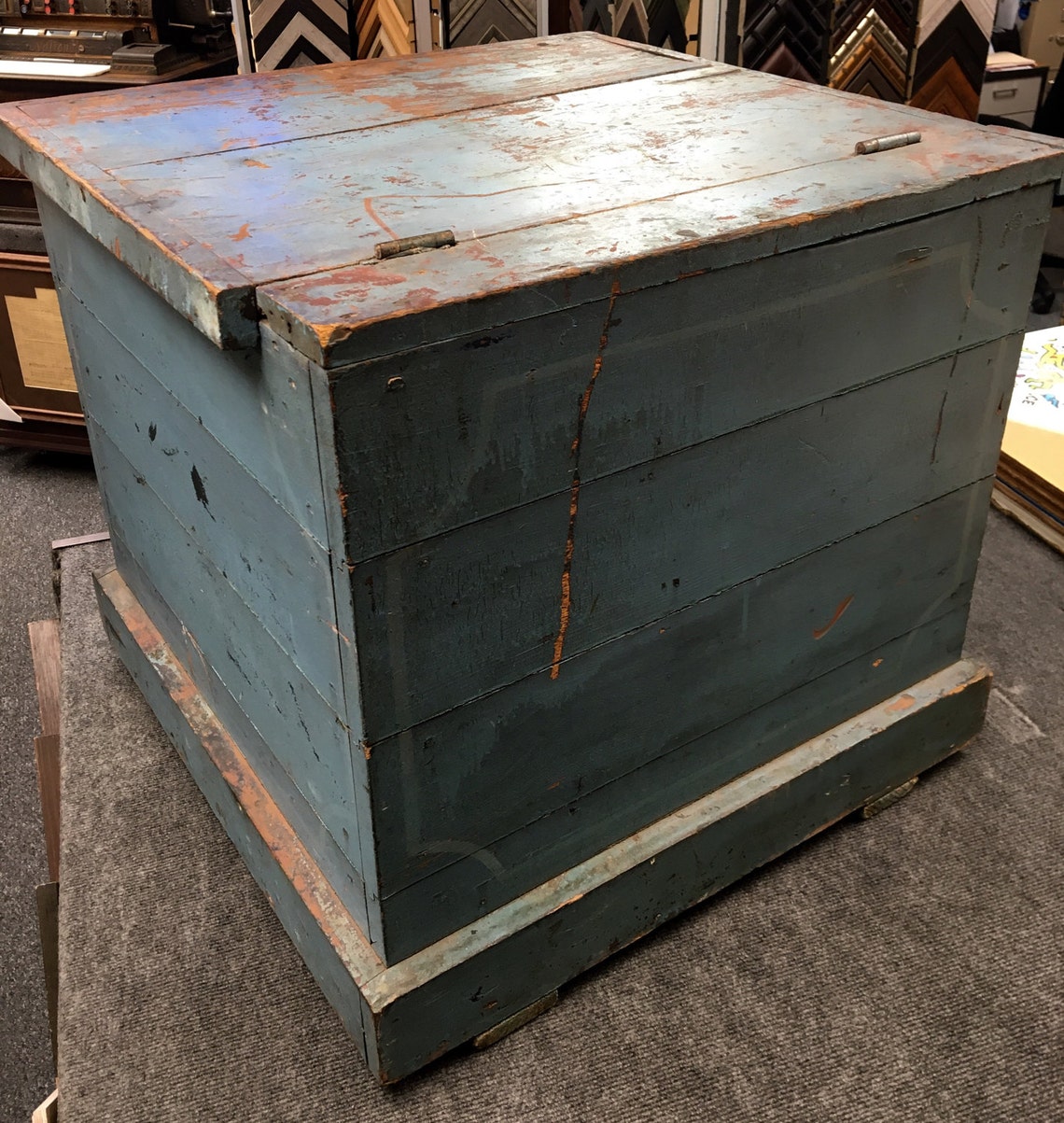 Primitive Original Blanket Box Old Blue Paint Square Nails Etsy