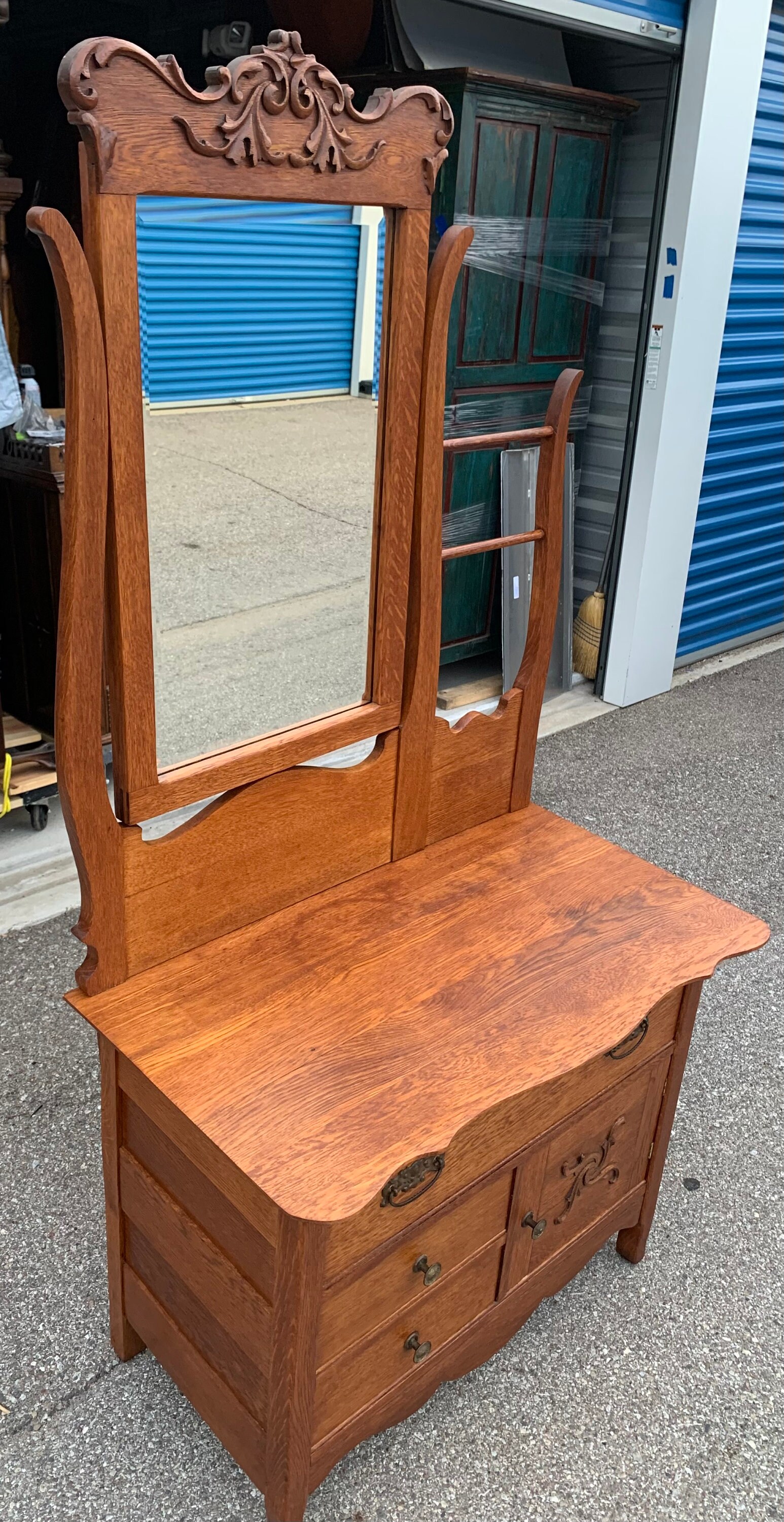 Antique Victorian Solid Oak Dual Harp Washstand With Beveled
