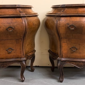 2 antique Venetian figured walnut bombe nightstands 25.75&quot;h, 25.5&quot;w, 13&quot;d Shipping is not free