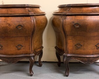2 antique Venetian figured walnut bombe nightstands 25.75"h, 25.5"w, 13"d Shipping is not free