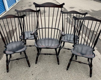 5 vintage D R Dimes windsor wing back chairs beautiful black wash patina mint condition Shipping is not free