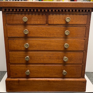 Antique walnut 6 drawer miniature chest dentil moulding 14.5w6.25d15h shipping is not free