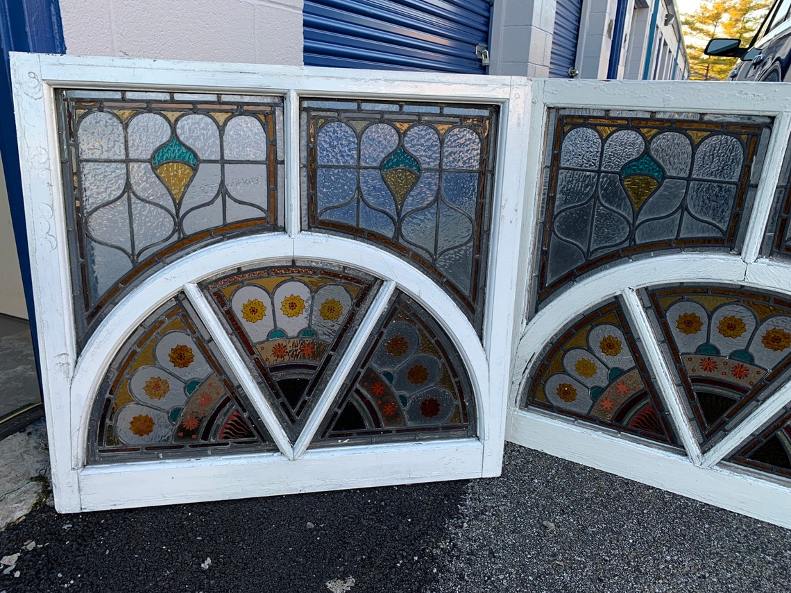 3 Antique English Stained Glass Windows With Painted Designs Etsy