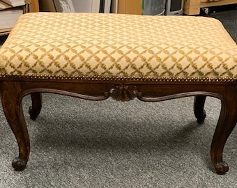 Antique 19th c French Louis XV style upholstered bench stool 16hx18dx27w Shipping is not free