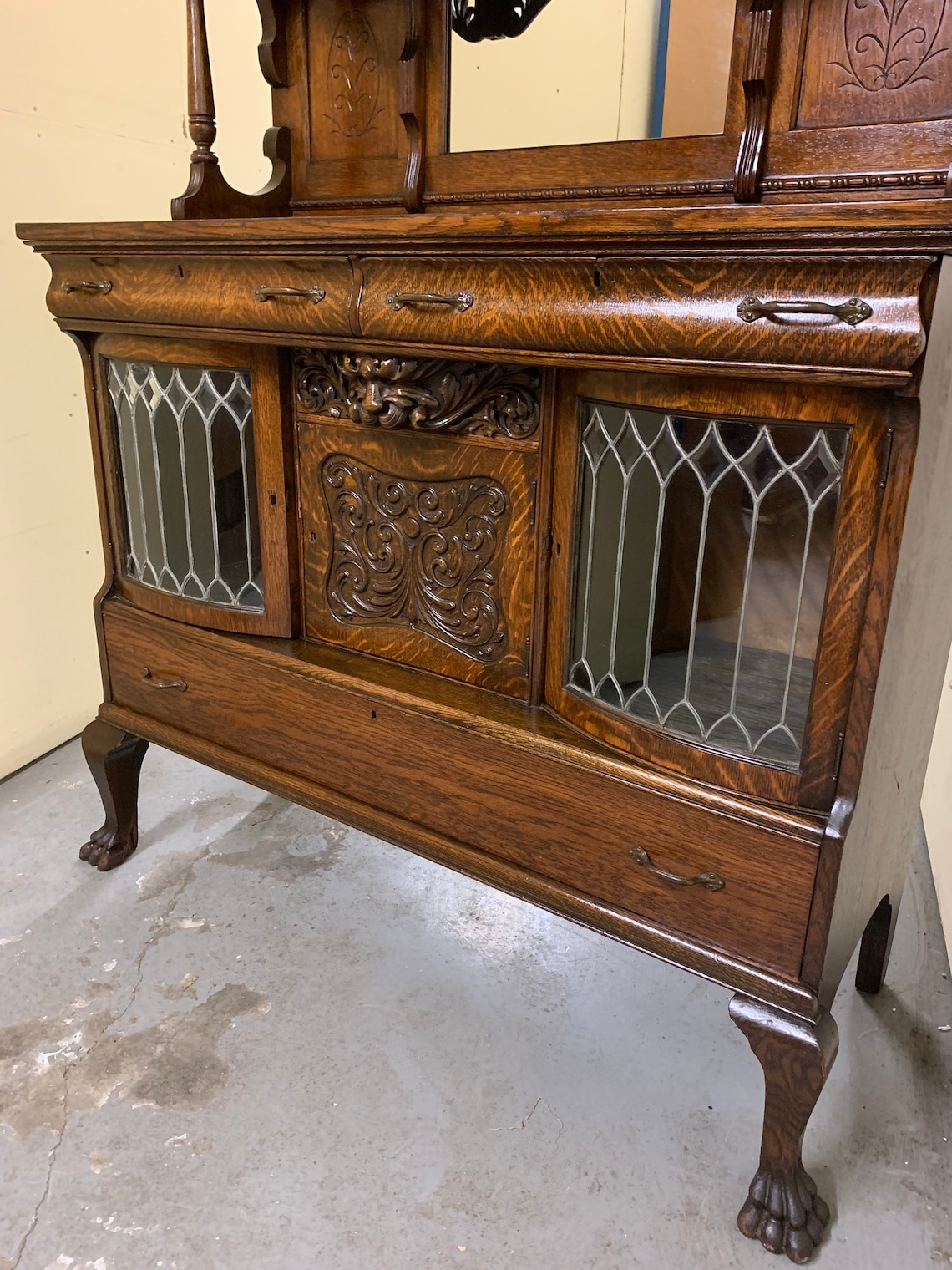 Antique Quarter Sawn Oak Sideboard Buffet Leaded Glass Doors Etsy