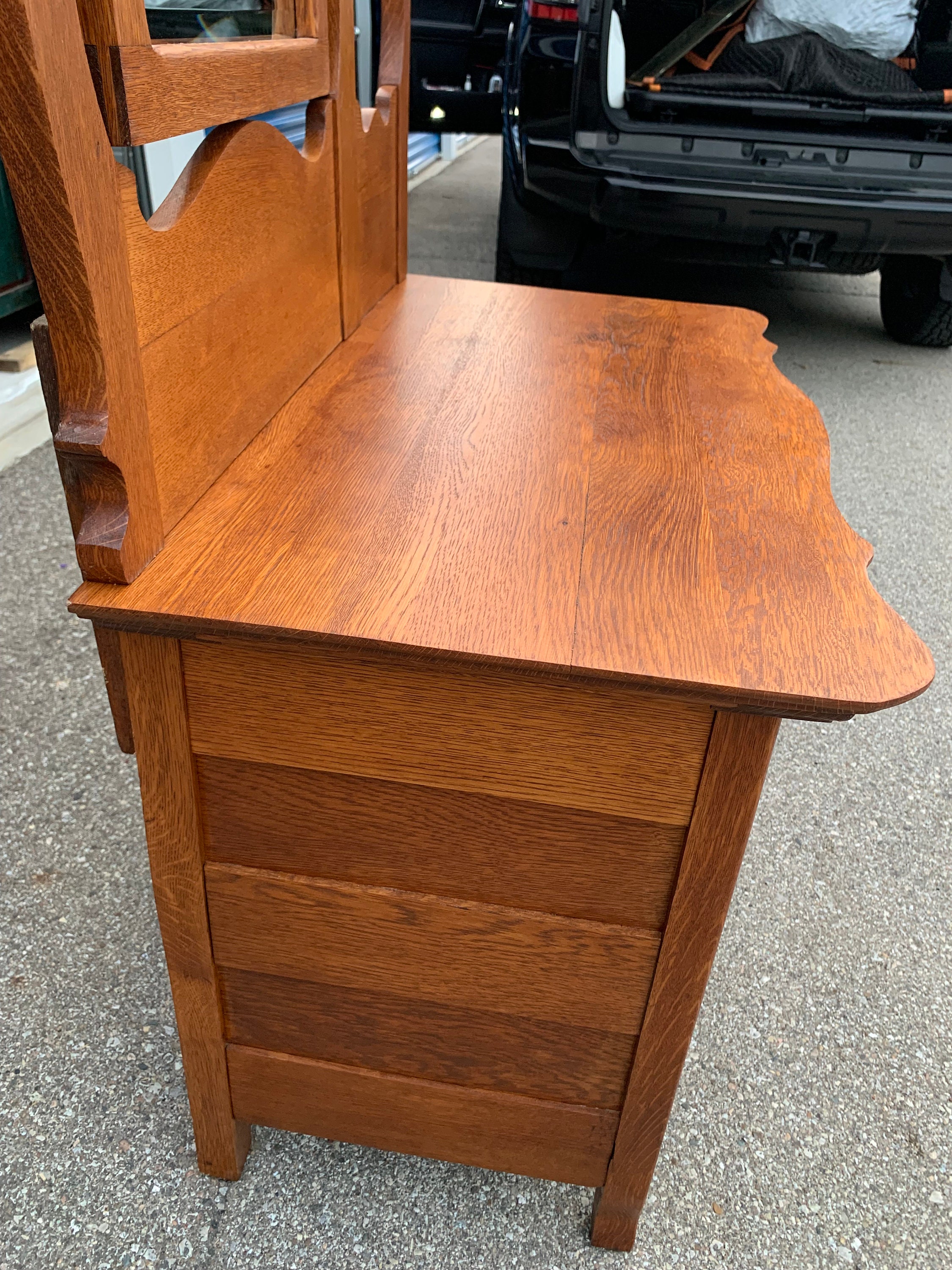 Antique Victorian Solid Oak Dual Harp Washstand With Beveled