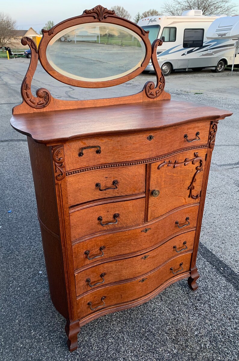 Antique Texas Oak High Boy Chest Hat Box Beveled Mirror Etsy