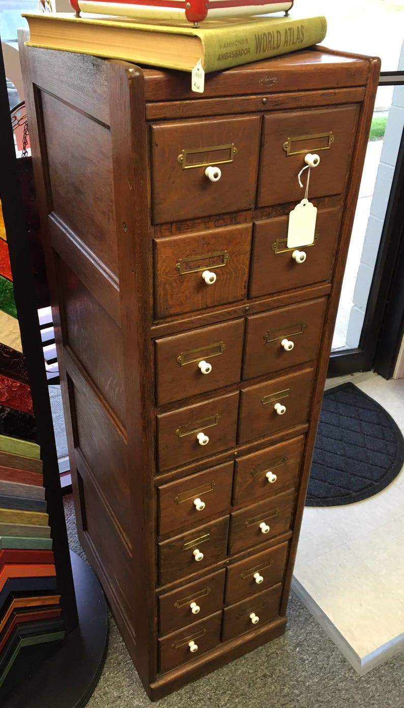 Antique Oak Macey Card File Cabinet 16 Dovetail Drawers Image 0