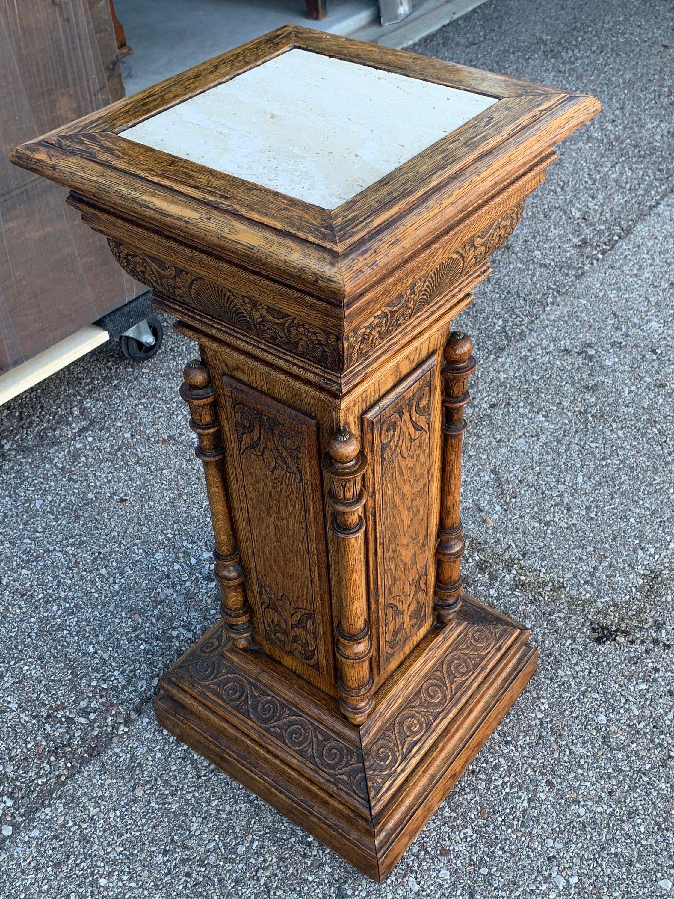 Antique Victorian Highly Carved Oak Pedestal With Stone Inset