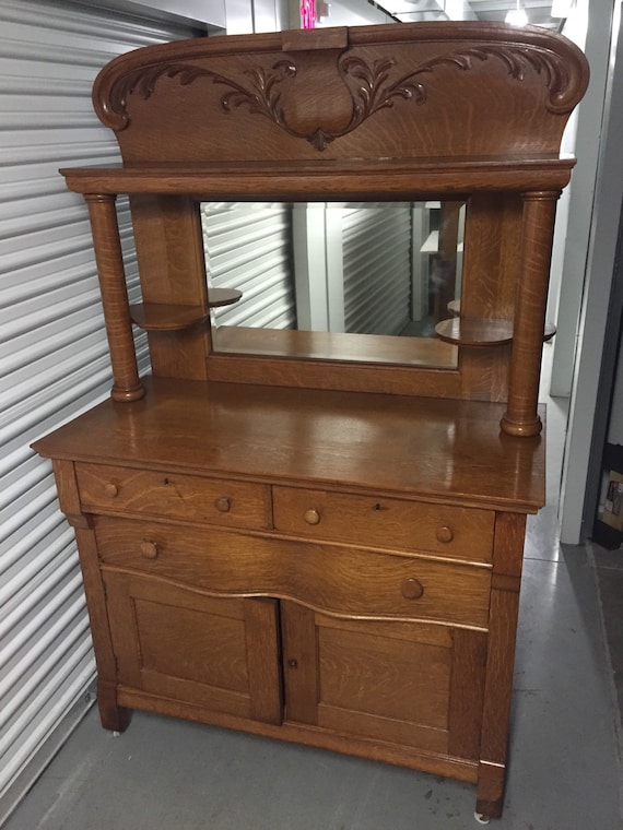 Antique solid oak buffet sideboard bevel mirror column Etsy