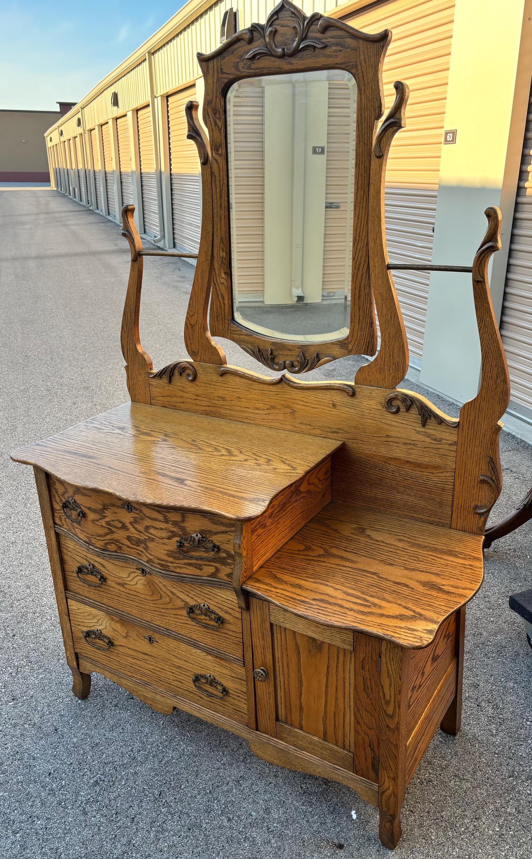 Antique 1880 New England Oak Dual Harp Wash Stand Center Beveled