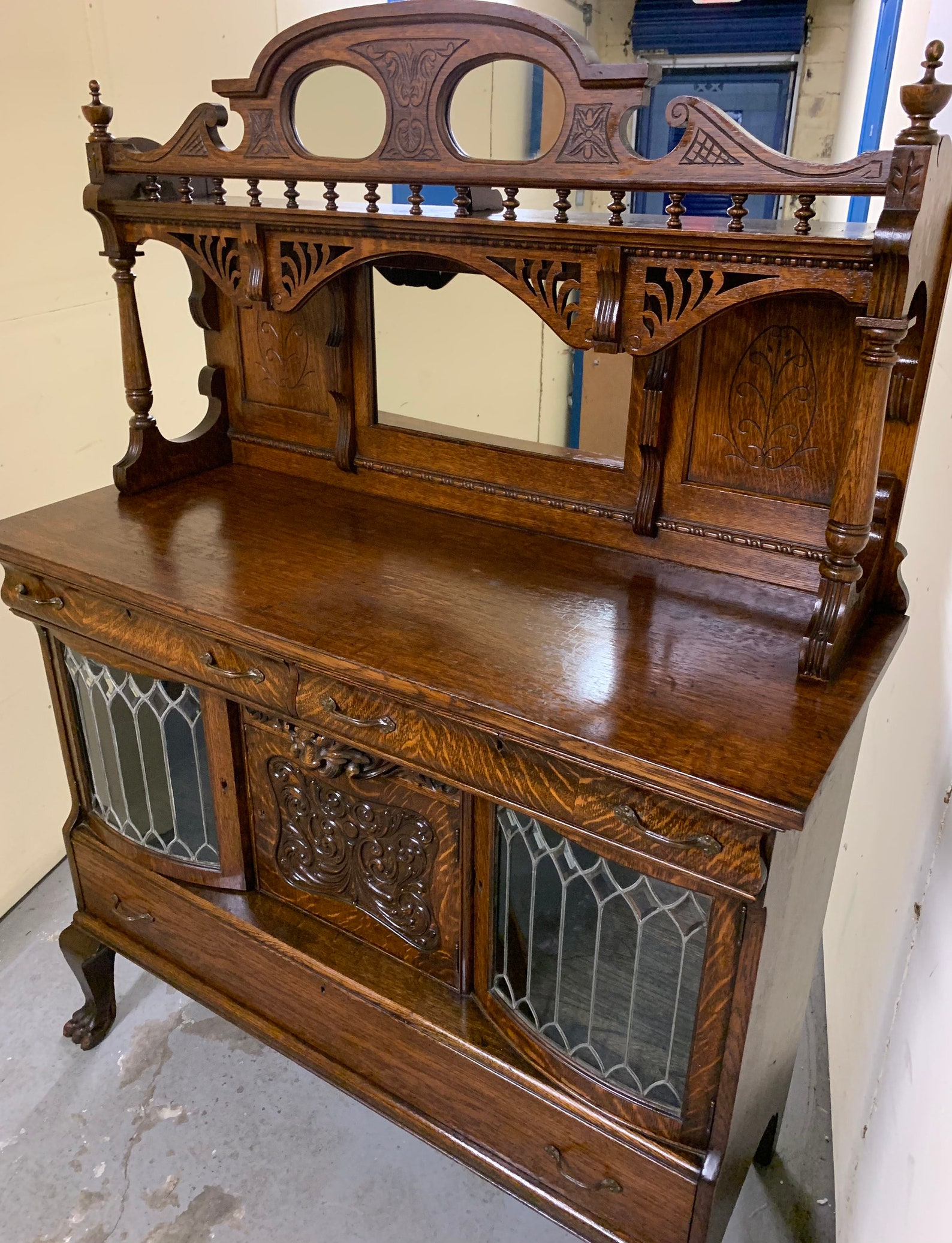 Antique Quarter Sawn Oak Sideboard Buffet Leaded Glass Doors Etsy