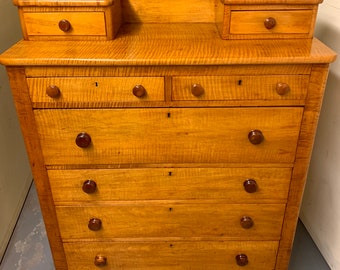 Antique American 19th c solid tiger maple 8 drawer chest dresser 42w19.5d46.25h53h Shipping is not free