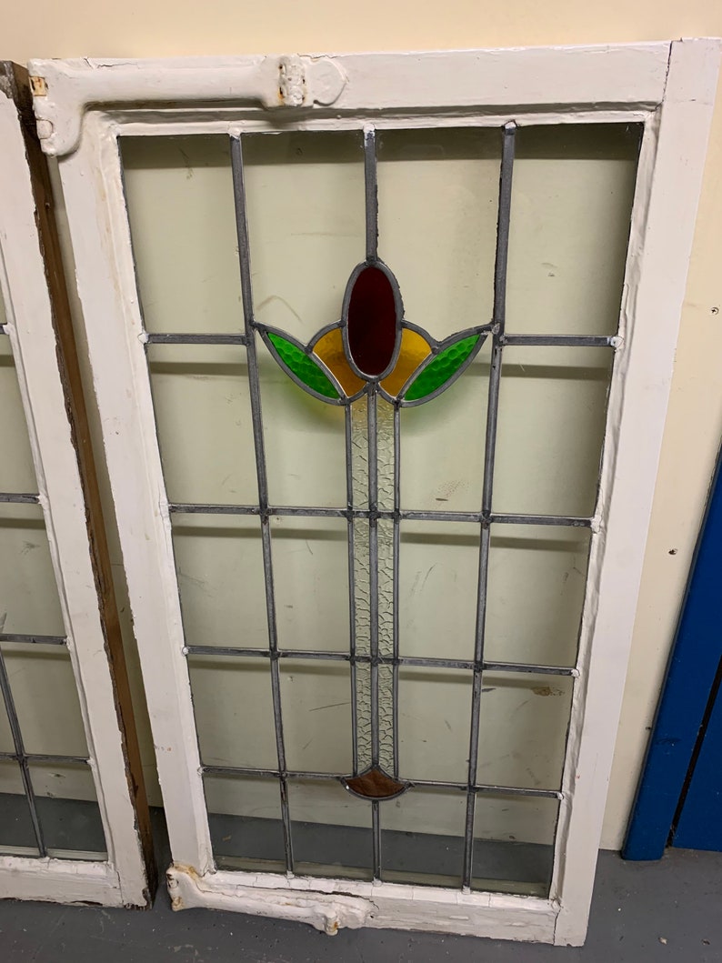 2 Antique English Stained Glass Windows Center Flowers Red Etsy