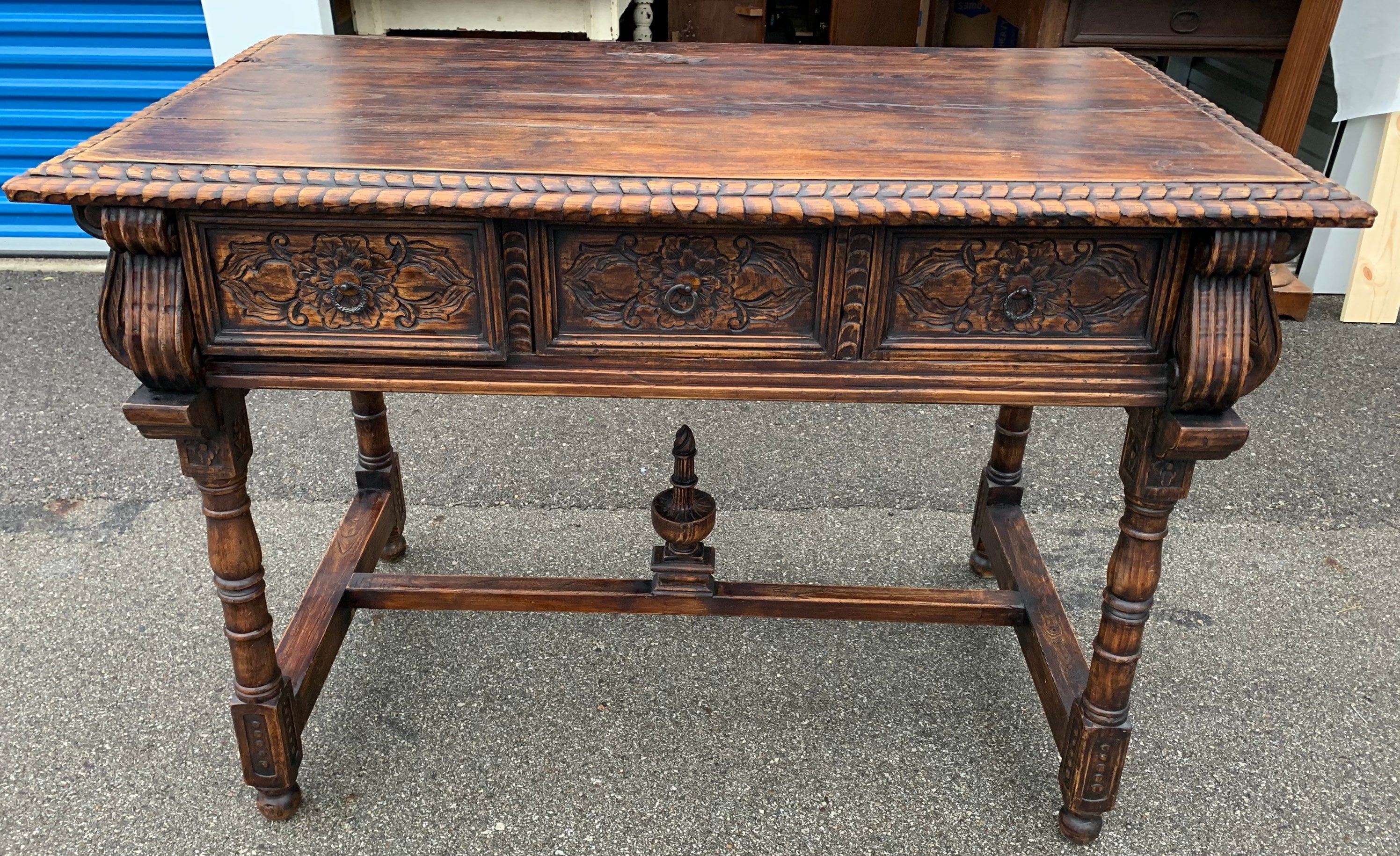 Antique Spanish 19th C Highly Carved Library Table Tressle Base 3