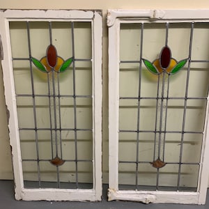 2 Antique english stained glass windows center flowers red yellow green 22x42x1.5 Shipping is not free