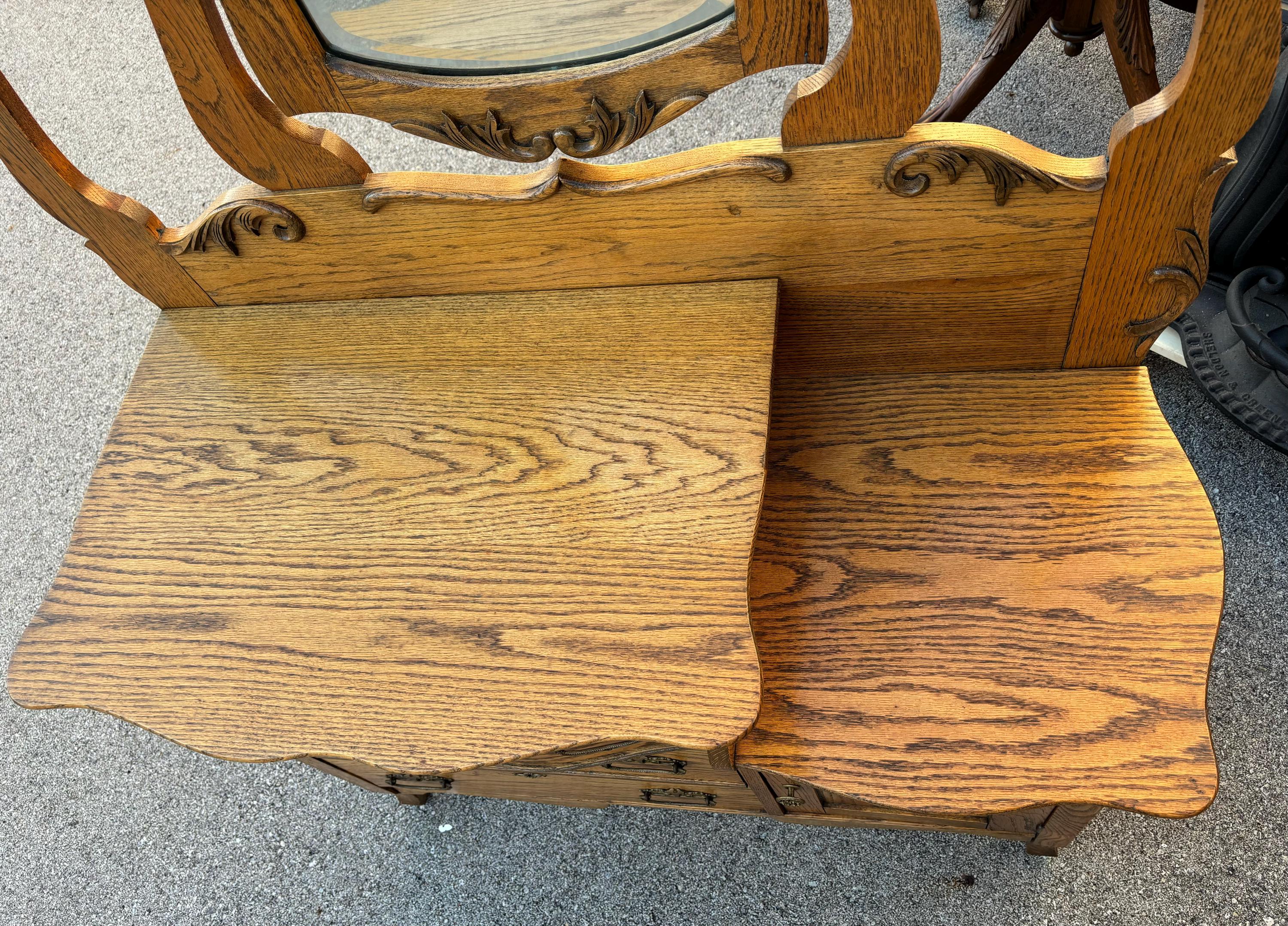 Antique 1880 New England Oak Dual Harp Wash Stand Center Beveled