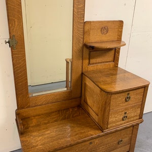 Antique victorian 1890 solid quarter sawn oak low dresser with beveled mirror 47W21D18.25H34.5H71H shipping is not free