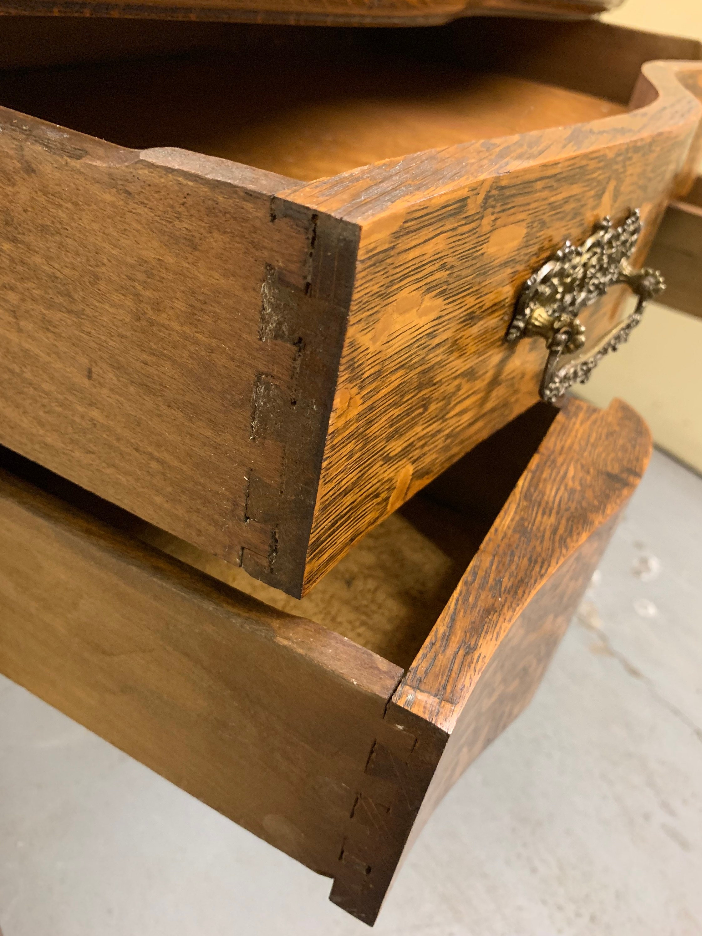 Antique tiger oak Victorian bureau vanity carved beveled Antique tiger oak Victorian bureau vanity carved beveled