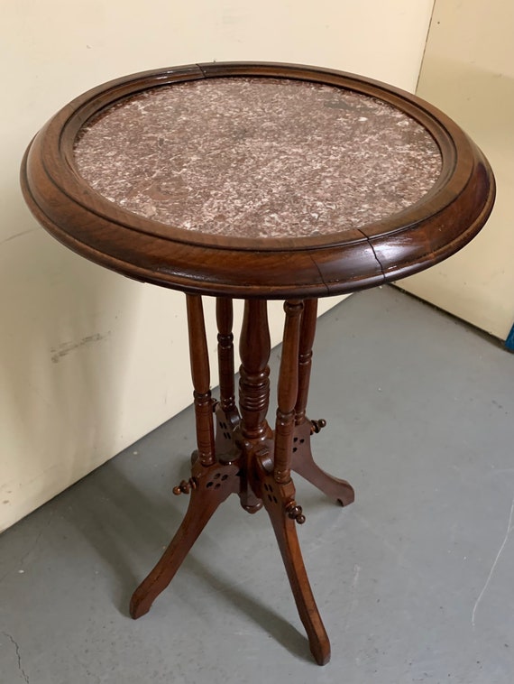 Antique Victorian Walnut Marble Top Plant Stand Resting on Turned