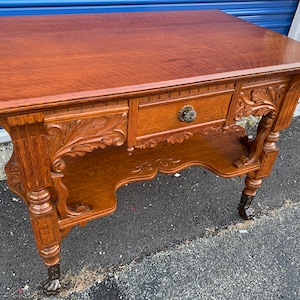 Exquisite high-end antique Victorian solid oak library table 19th c 40w26d30.5h highly carved Shipping is not free