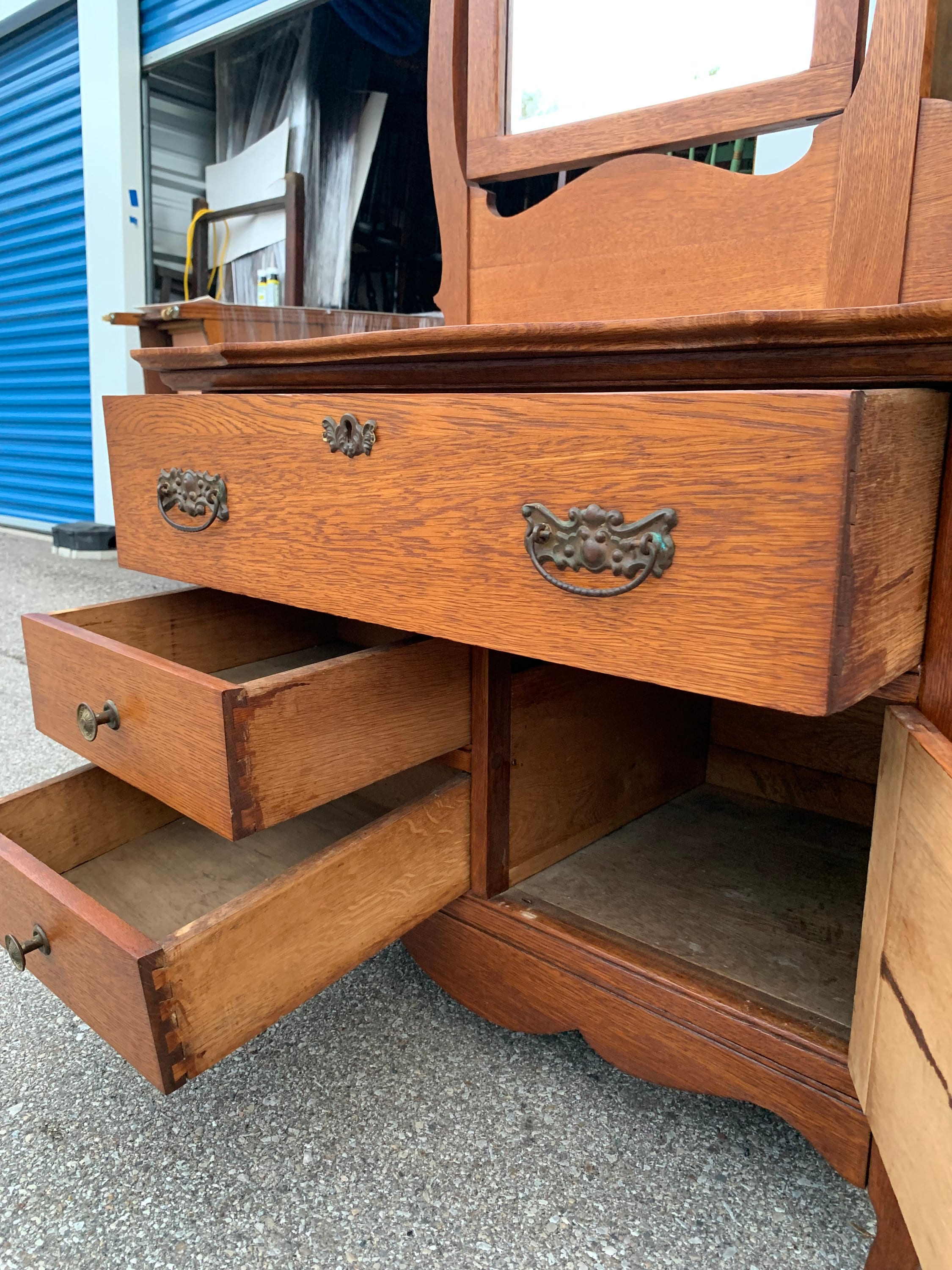 Antique Victorian Solid Oak Dual Harp Washstand With Beveled
