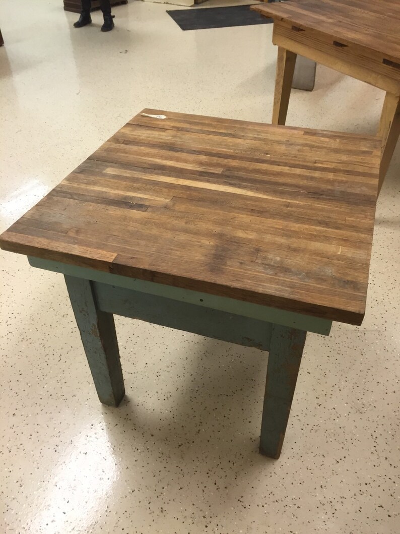 Custom Made Butcher Block Table Antique Base With Old Paint 29.5x29
