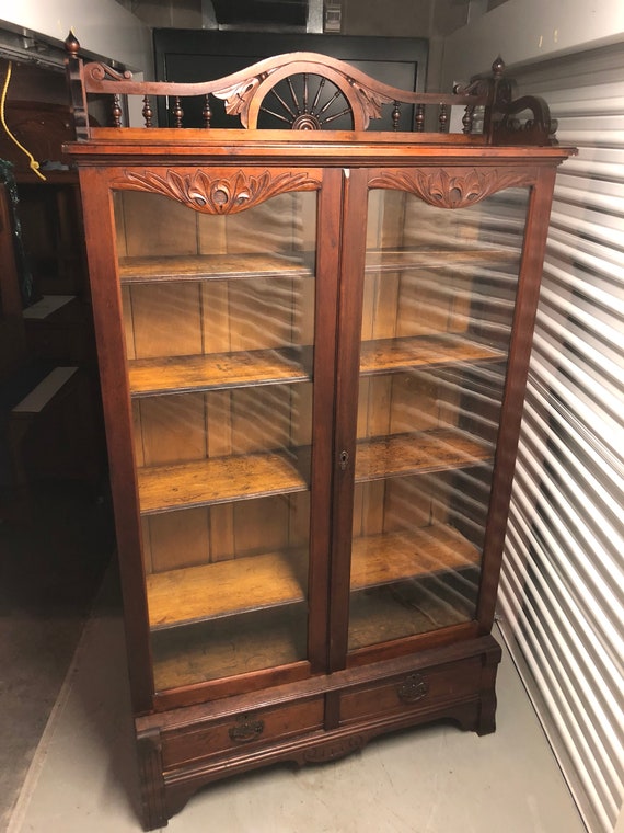 Antique Cherry Victorian Bookcase Cabinet 46 5w16d70h79h Etsy