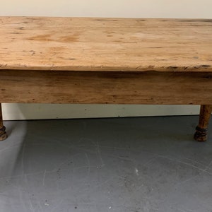 Primitive scrubbed top New England pine harvest work table bold turned legs 29.25d60.5w22.75ch30.5h Shipping is not free