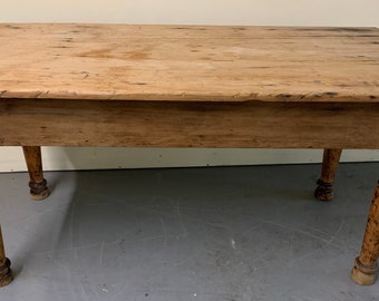 Primitive scrub top New England pine harvest work table bold turned legs 29.25d60.5w22.75ch30.5h Shipping is not free