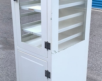 Antique metal white enamel medical cabinet 2 doors 4 slide out trays shipping is not free