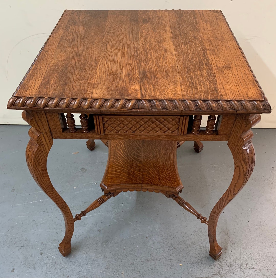 Antique Arts and Crafts Solid Oak Carved Side Table Hidden Drawer Curved Legs 24x24x30h Shipping