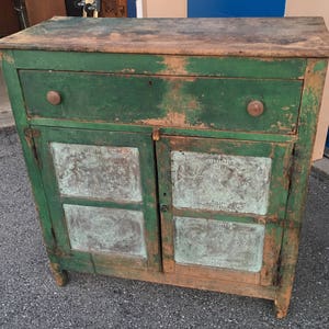 Primitive Early Green 8 Vessel Tin Walnut Pie Safe 19d43w44.5h  Shipping is not free