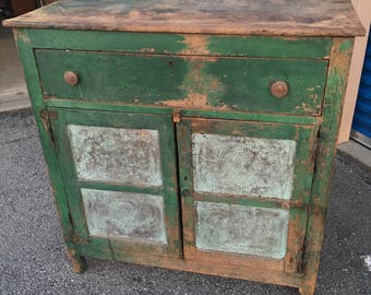Primitive Early Green 8 Vessel Tin Walnut Pie Safe 19d43w44.5h  Shipping is not free