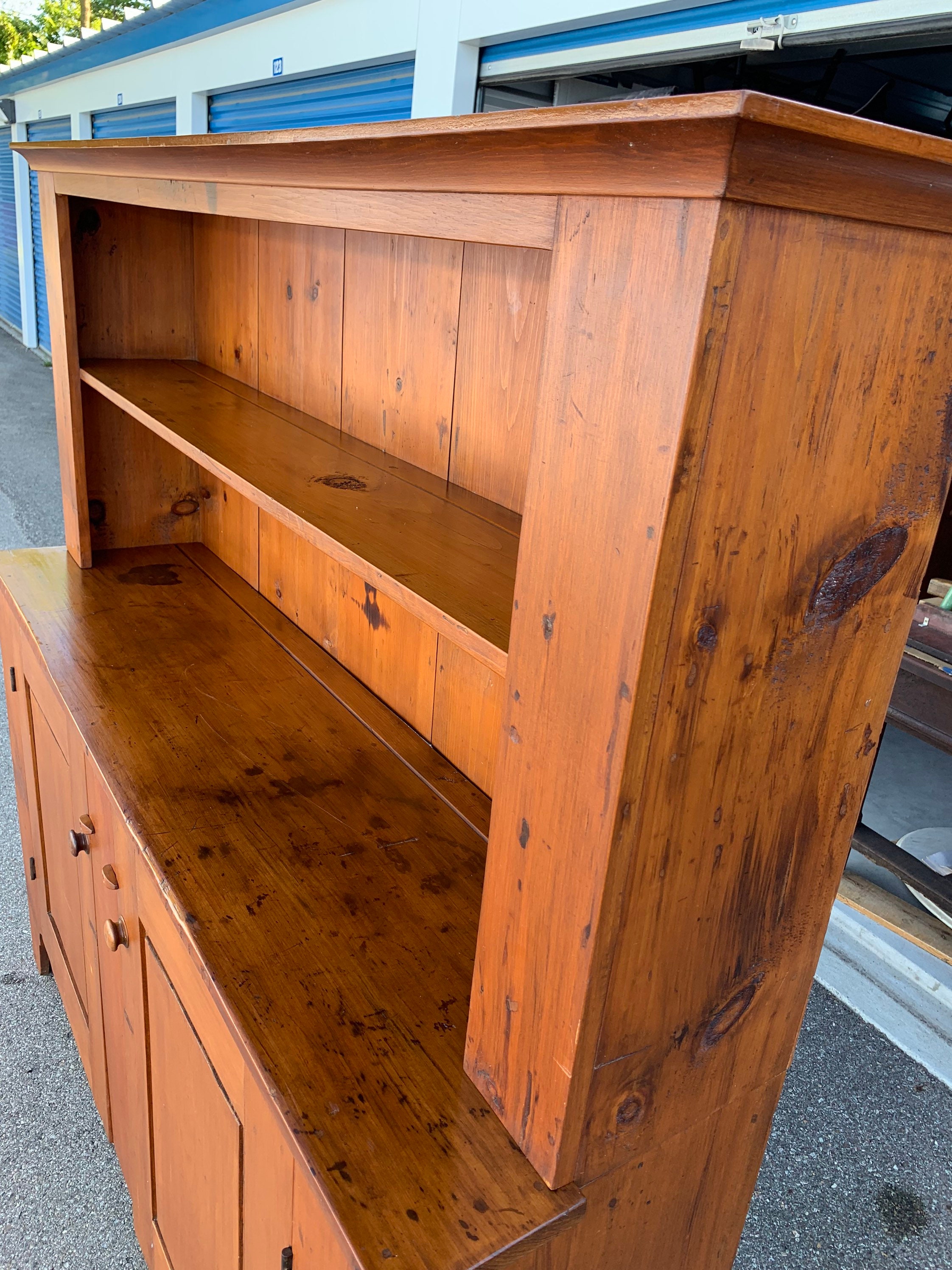 Antique 19thc New York Pine 2 Piece Large Stepback Cupboard