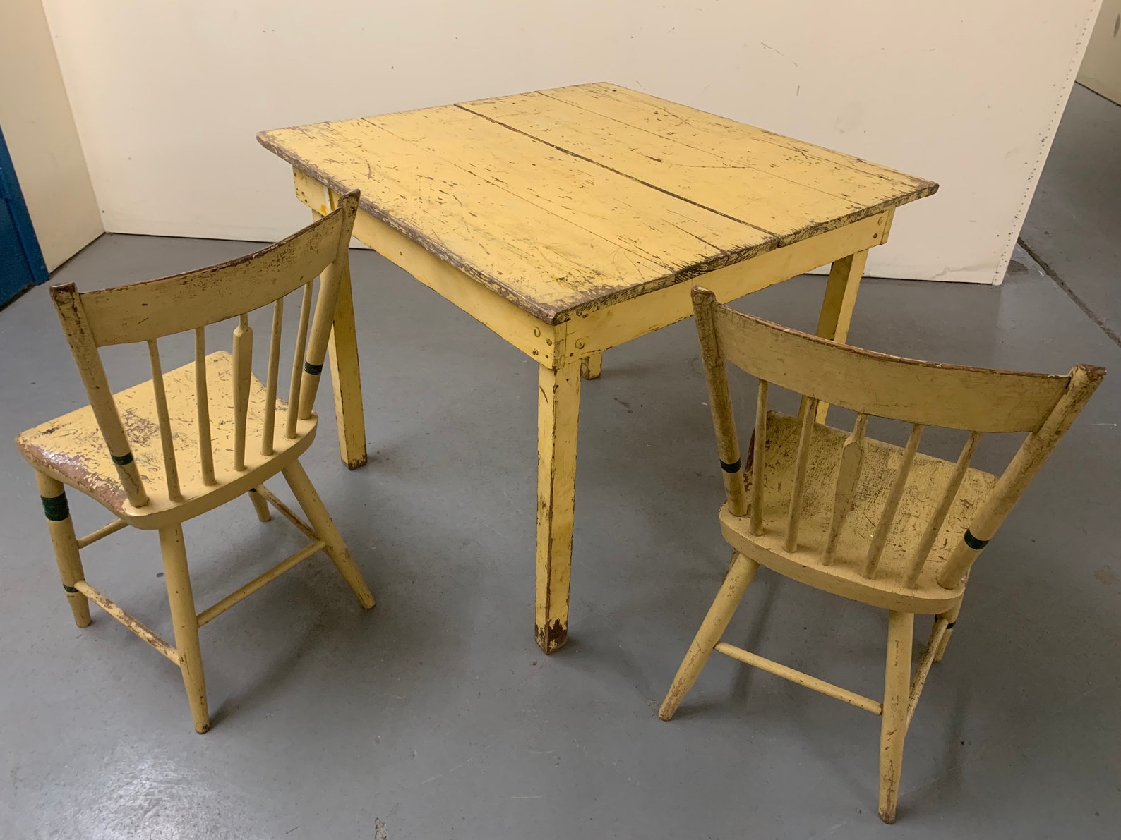 Primitive yellow painted table with two plank seat hand paint Etsy