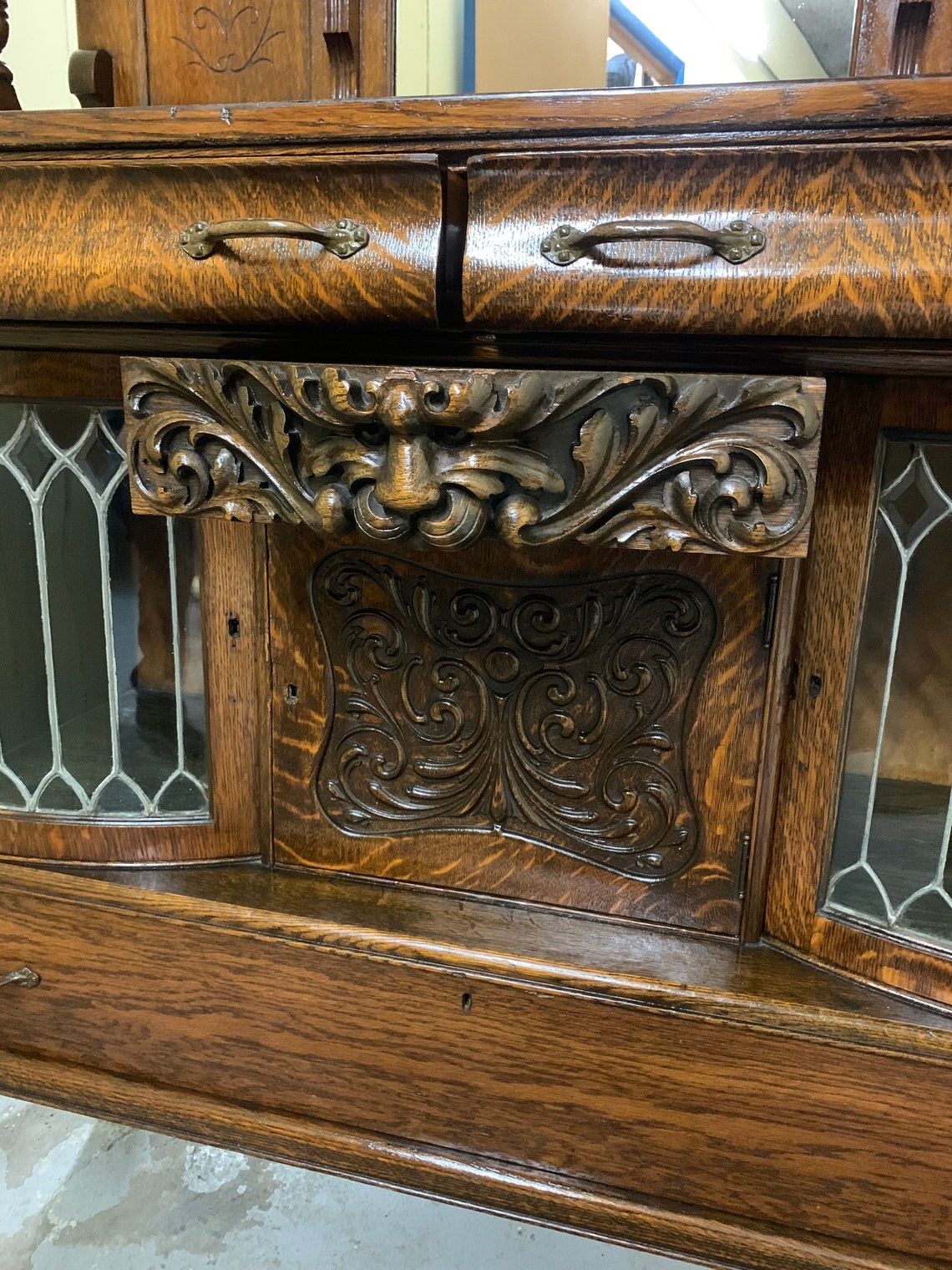 Antique Quarter Sawn Oak Sideboard Buffet Leaded Glass Doors Etsy