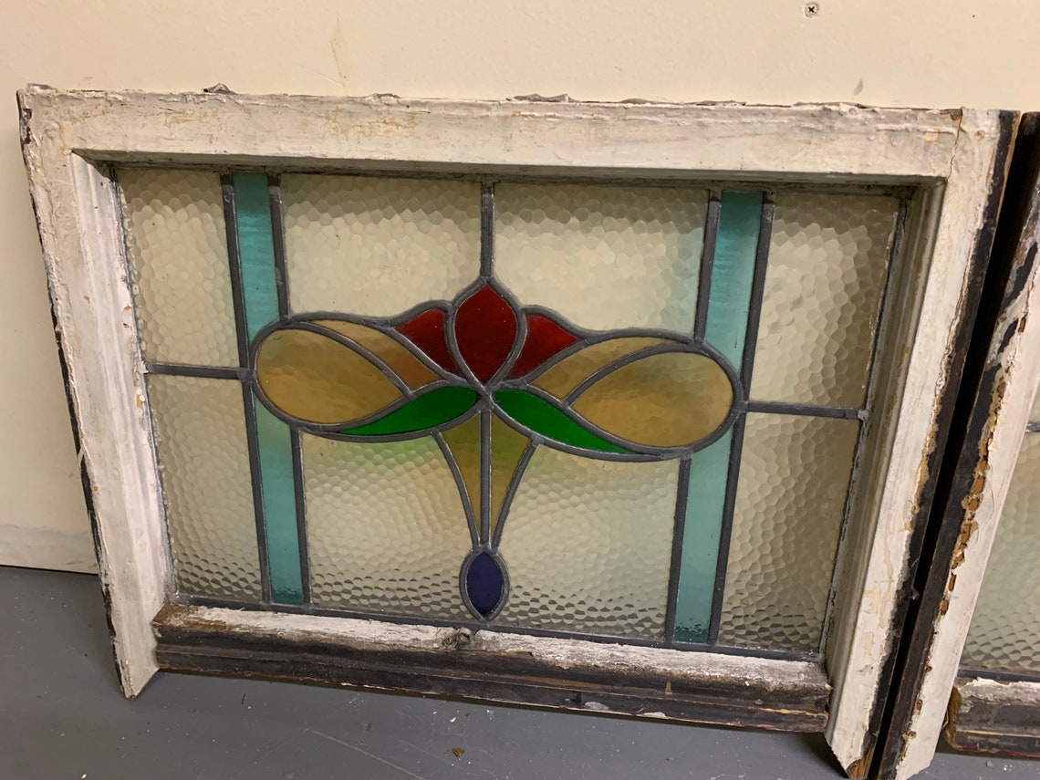 2 Antique English Stained Glass Windows Wide Fan Red Light Etsy