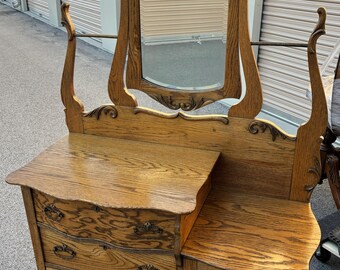 Antique 1880 New England Oak Dual Harp Wash Stand Center Beveled