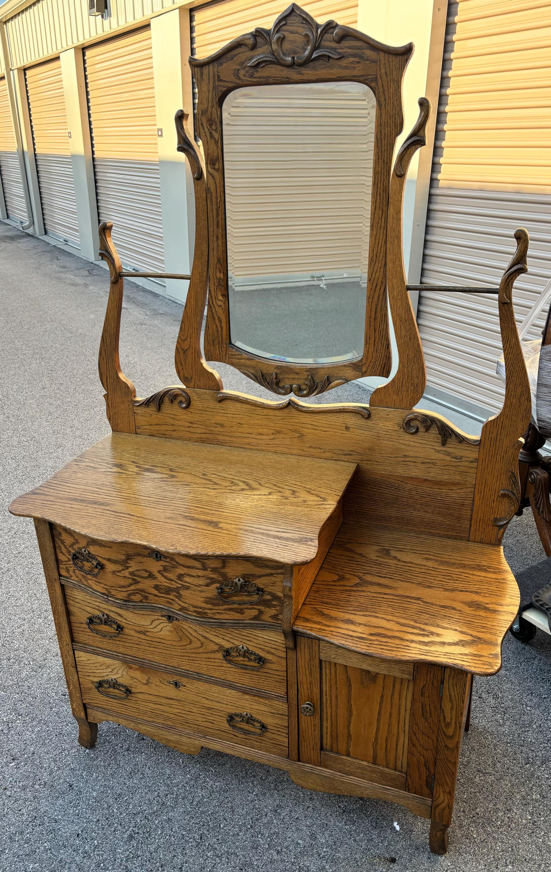 Antique 1880 New England Oak Dual Harp Wash Stand Center Beveled
