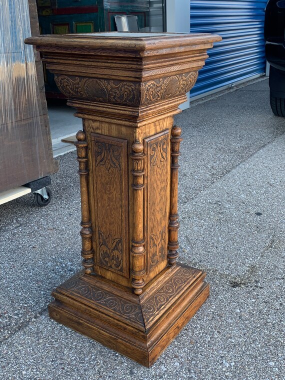 Antique Victorian Highly Carved Oak Pedestal With Stone Inset