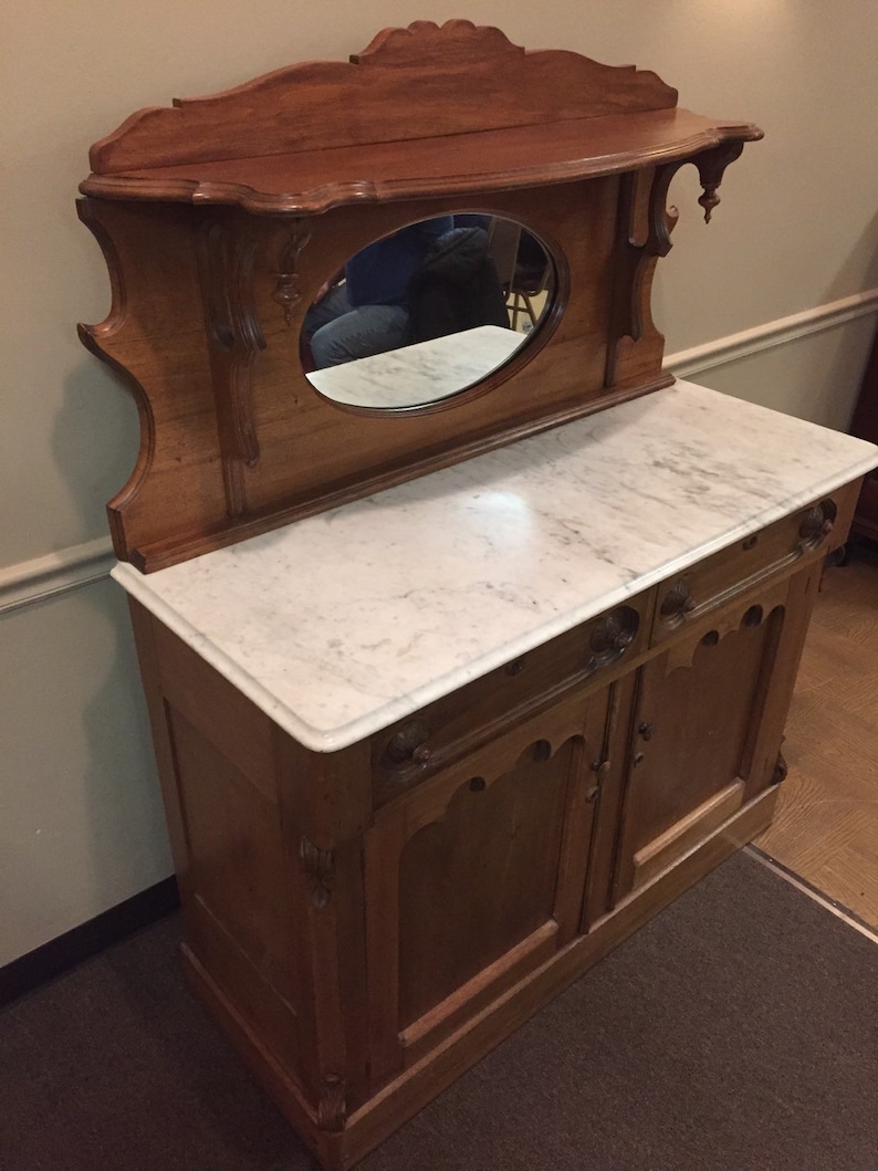 Antique Walnut Sideboard Buffet Marble Top Mirror Shelf Dovetailed 20d48w37h60h Is Not Free