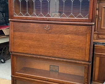 Antique high end Globe Warnicke mission oak arts and crafts leaded glass five stack barrister bookcase  34W12D70H Shipping is not free