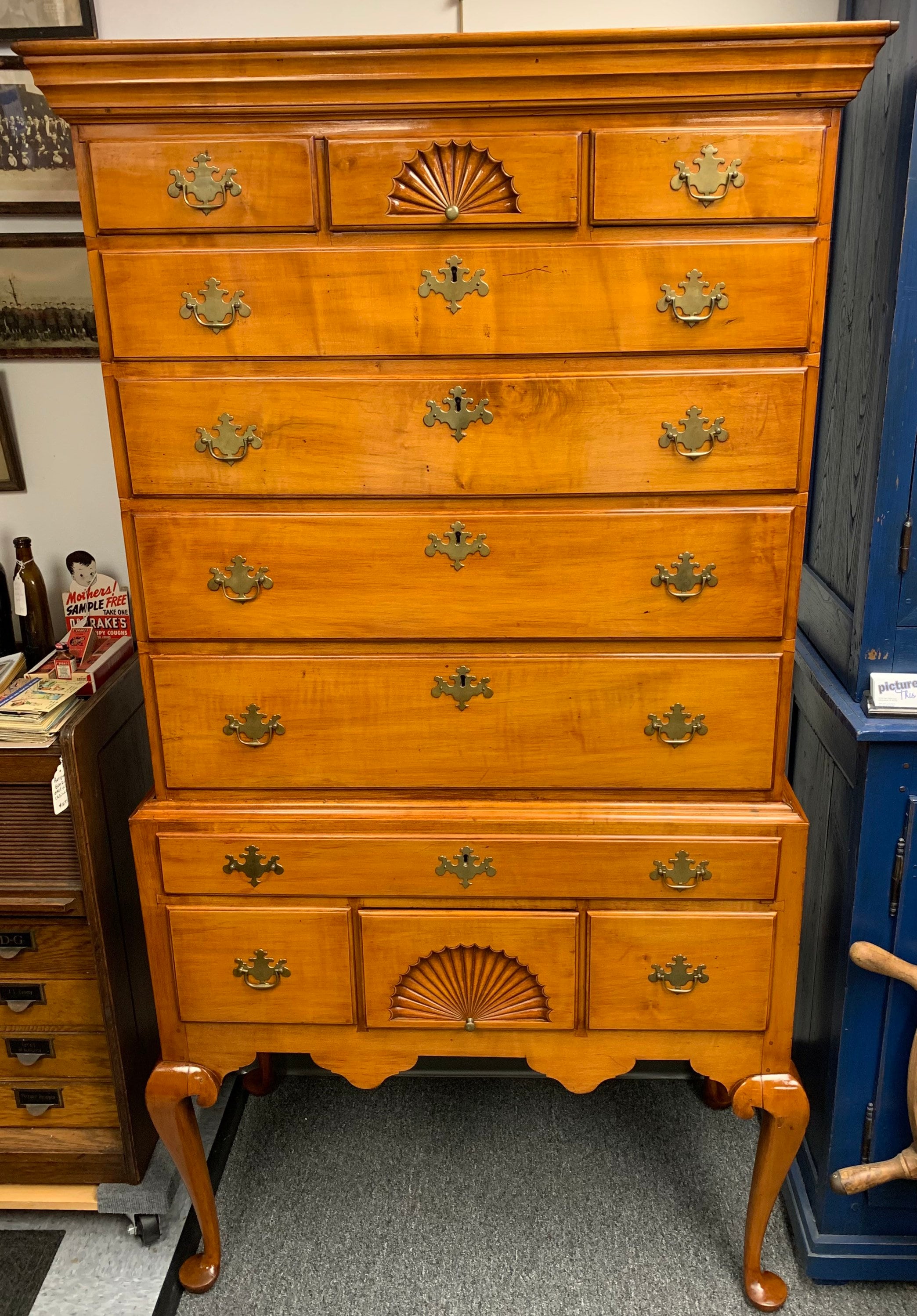 American 19th C VA Cherry Two Piece Queen Anne Highboy Chest 41W20
