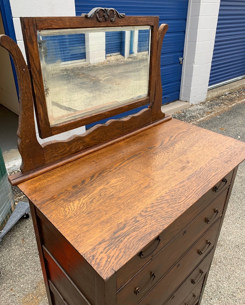 Antique Oak Highboy chest dresser with mirror 5 drawers Etsy