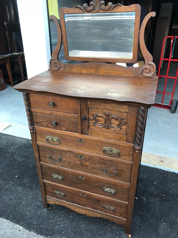 Early Antique Oak Highboy Chest With Mirror Hat Box Etsy