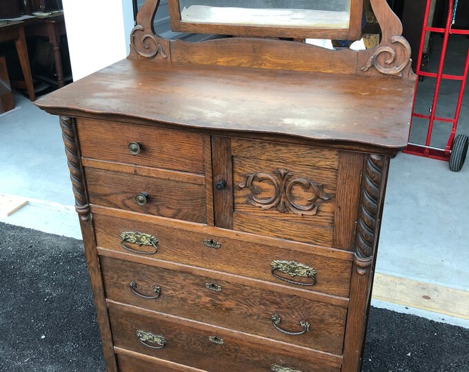 Early Antique Oak Highboy Chest With Mirror Hat Box 18d34w48h67h