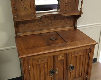 Unique 1886 Oak Parlor Ice chest Water Dispenser 37.5w21.5d36h69h Spoon Carved Mirrored Cabinet Shipping is not free