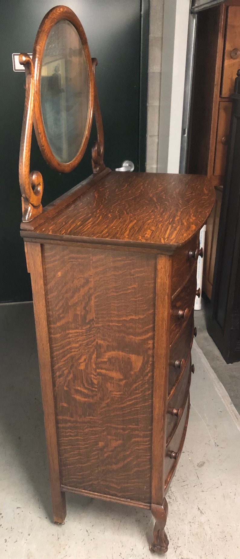 Antique tiger oak hi boy chest dresser mirror and claw feet Etsy